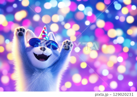 Quirky cartoon animals celebrate under colorful disco lights, showcasing joyful dancing and vibrant party vibes Quirky cartoon animals celebrate under colorful disco lights, showcasing joyful dancing and vibrant party vibes 129020231