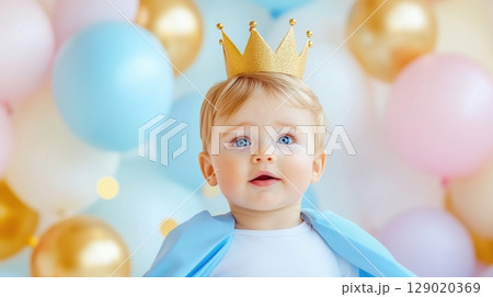 Cozy birthday celebration with a baby dressed as a king enjoying golden balloons in a pastel-themed room 129020369