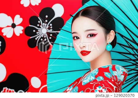 Captivating traditional Japanese geisha in vibrant red kimono poses gracefully with teal parasol against a striking graphic background 129020370