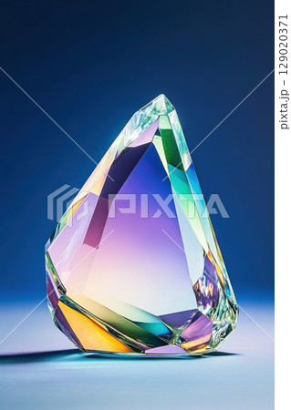 Crystal prism refracting light into vibrant blue, green, and purple hues against a dark minimal background showcasing stunning optical effects 129020371