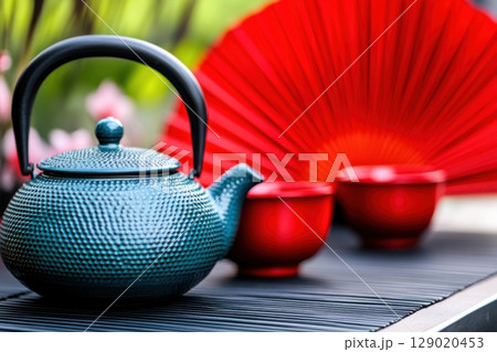 Elegant tea ceremony setting featuring deep blue-green teapots, red ceramic cups, and decorative fans in a serene environment 129020453