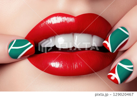 Close-up of vibrant red lips with teal accented nail art showcasing a fashion-forward style during a studio photoshoot Close-up of vibrant red lips with teal accented nail art showcasing a fashion-forward style during a studio photoshoot 129020467