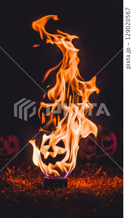 燃え上がる炎の中に浮かぶハロウィンかぼちゃの顔 129020567