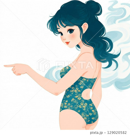 水着を着た少女が指さしている 129020582