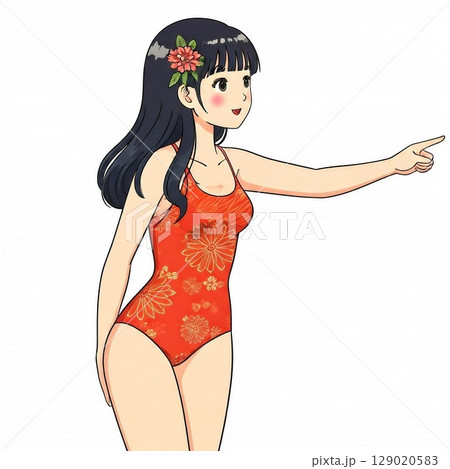 水着を着た少女が指さしている 129020583