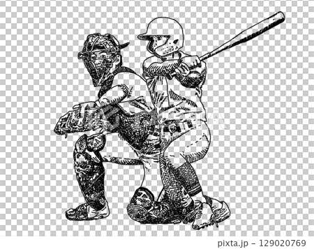Pen drawing illustration of high school baseball batter and catcher 129020769