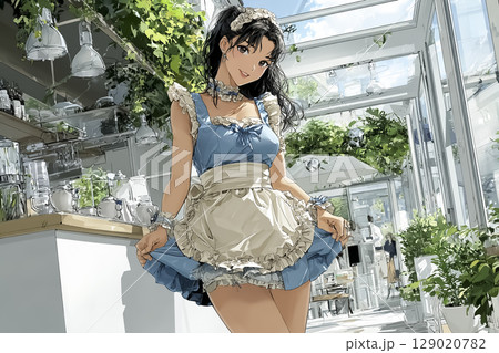 ギリギリ見せない!? 美人メイドのお辞儀ポーズ・誘惑の笑顔イラスト素材 129020782