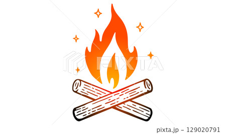 Fire, flame, bonfire. Flame fire icon, abstract style on white background. Flat burn fire symbol, bonfire sign, flame campfire emoji. Camping fireball minimal graphic style. Vector Illustration 129020791