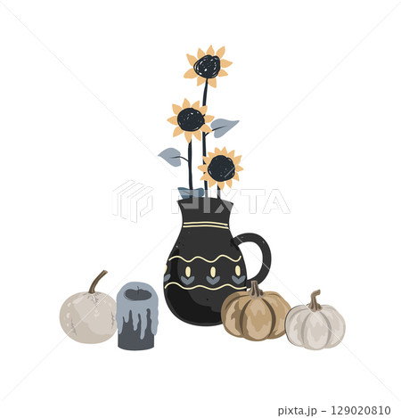 Fall Aesthetic Composition with Pumpkins, candle and sunflowers in a ceramic jug. Vector Autumn illustration 129020810