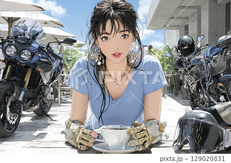 ライダーズカフェ　バイクを見ながら休憩する女性ライダーのイラスト素材 129020831