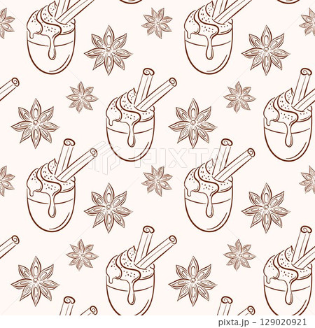 Seamless pattern with cinnamon stick star anise and coffee cup topped with cream and spice drawn in line art style. Perfect for sweet packaging, bakery print and spice themed background. 129020921
