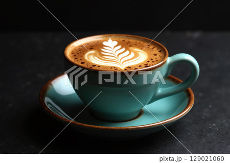 Coffee in a teal cup with a saucer, on a dark surface. 129021060