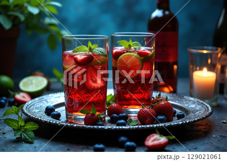 Two glasses of strawberry drink with mint and lime. Two glasses of strawberry drink with mint and lime. 129021061