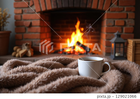 Cozy scene with cup of coffee and fireplace. 129021066