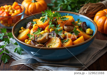 Delicious autumnal dish with pumpkin, mushrooms, and corn. 129021088