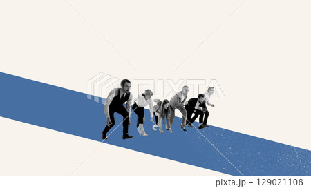 Collage of business team in starting positions on blue track racing for success 129021108