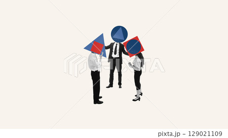 Surreal collage of business people with geometric shapes for heads discussing together Surreal collage of business people with geometric shapes for heads discussing together 129021109