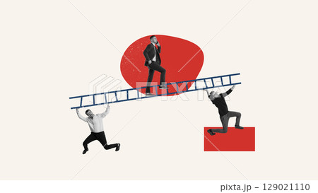 Bright poster of businessman walking up symbolic ladder held by team on red background Bright poster of businessman walking up symbolic ladder held by team on red background 129021110