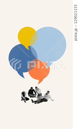 Contemporary collage of group of business people sitting on floor under colorful speech bubbles 129021155