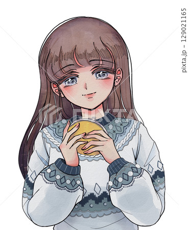 がま口財布を持って微笑む、レトロな女の子のイラスト がま口財布を持って微笑む、レトロな女の子のイラスト 129021165