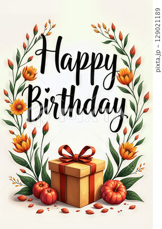 An autumn-themed birthday card with flowers and a gift. 129021189