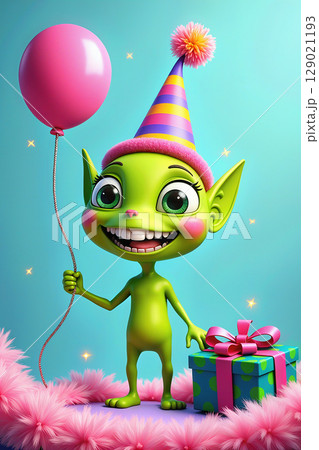 A cheerful green character with a party hat and balloon. 129021193