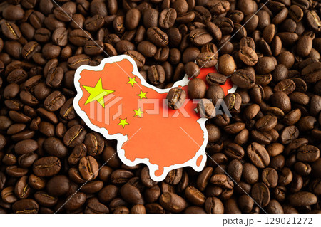 China flag on coffee beans, shopping online for export or import food product. China flag on coffee beans, shopping online for export or import food product. 129021272