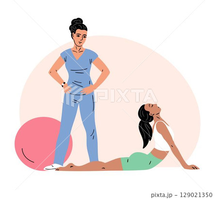 Young woman exercises under supervision of physiotherapist 129021350