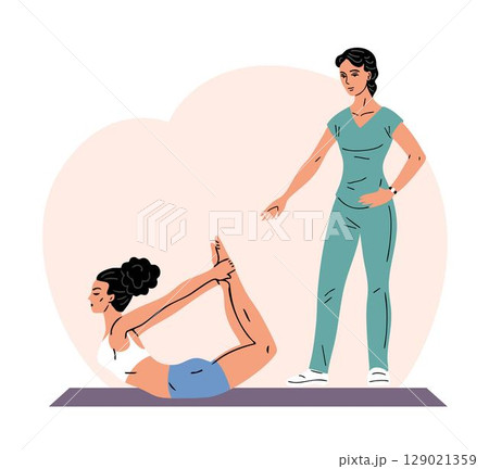 Young woman exercises under supervision of physiotherapist Young woman exercises under supervision of physiotherapist 129021359