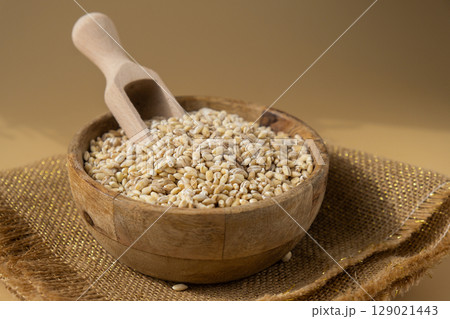 Pearl barley in neutral beige background. Whole spelt grain species. High protein fiber-rich vegan plant based food ingredient. Gluten free superfood healthy nutritional dietary alternative Pearl barley in neutral beige background. Whole spelt grain species. High protein fiber-rich vegan plant based food ingredient. Gluten free superfood healthy nutritional dietary alternative 129021443
