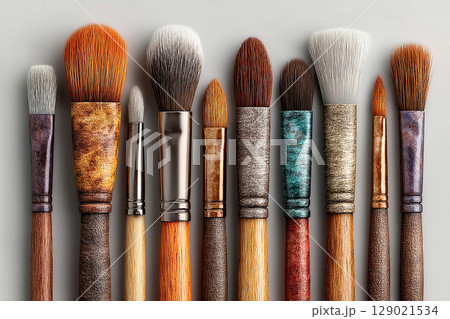 Perfect for makeup guides. High-quality set of makeup brushes on a white background. 129021534