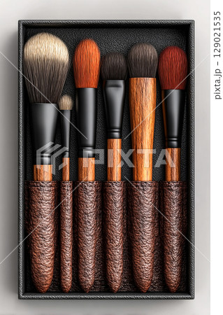Perfect for beauty product launches. High-quality set of makeup brushes on a white background. 129021535