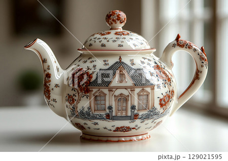 Kitchenware presentation. Ceramic teapot in shape of an English house on a white background. Classic style. Kitchenware presentation. Ceramic teapot in shape of an English house on a white background. Classic style. 129021595