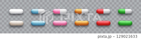 3d pill set white,red, blue, yellow, green and beige tablet isolated on transparent background. Realistic vector medicament illustration 129021633