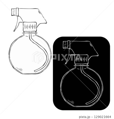 Spray bottle black and white Isolated logo. Vector graphic line ink illustration. flat vector icon design. Spray bottle symbol and clip art design Design for package, cosmetic, textile, cards. 129021664