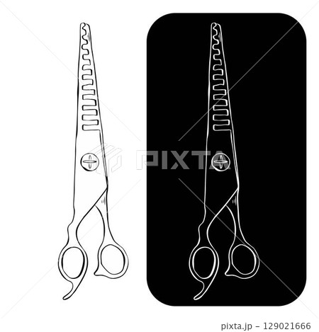 Vintage barber shop scissors Isolated logo. Vector graphic line ink illustration. Illustration for beauty salon, cosmetic store, makeup design. For logo, web, package, sticker. Vintage barber shop scissors Isolated logo. Vector graphic line ink illustration. Illustration for beauty salon, cosmetic store, makeup design. For logo, web, package, sticker. 129021666