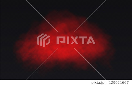 Red Fog effect on transparent dark background. Vector Smoke cloud. 129021667