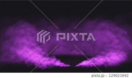 Purple Smoke effect on transparent dark background. Fog gray cloud above the floor surface with an empty spot 129021692