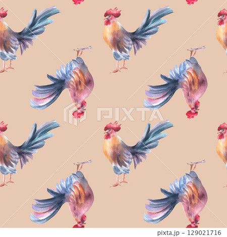 Rooster watercolor rural seamless pattern isolated on beige. Folk print with birds hand drawn repeated background for countryside style fabric design, rustic packaging and artisanal textile products. Rooster watercolor rural seamless pattern isolated on beige. Folk print with birds hand drawn repeated background for countryside style fabric design, rustic packaging and artisanal textile products. 129021716