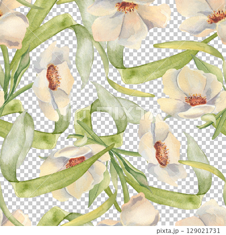 Soft white wild garden anemones and gentle greenery stems hand painted. Watercolor floral seamless pattern in white green. Flowers bouquet of peonies and leaves pastel colors background isolated. Soft white wild garden anemones and gentle greenery stems hand painted. Watercolor floral seamless pattern in white green. Flowers bouquet of peonies and leaves pastel colors background isolated. 129021731