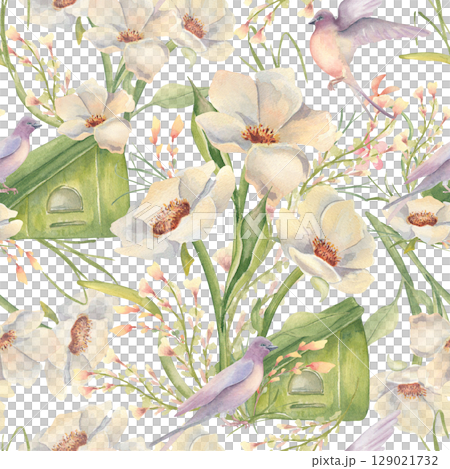 Watercolor seamless pattern in pastel colors with creamy peonies, birdhouse and swallow isolated. Delicate floral garden of bird and white flowers hand drawn. Repeat botanical avian background. Watercolor seamless pattern in pastel colors with creamy peonies, birdhouse and swallow isolated. Delicate floral garden of bird and white flowers hand drawn. Repeat botanical avian background. 129021732