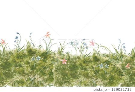 Endless Meadow Grass and small wildflowers watercolor isolated. Spring green seamless border with pink and blue flowers. Botanical repeated glade edge for textile, design farm packaging. 129021735