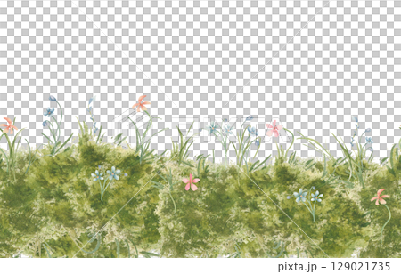 Endless Meadow Grass and small wildflowers watercolor isolated. Spring green seamless border with pink and blue flowers. Botanical repeated glade edge for textile, design farm packaging. 129021735