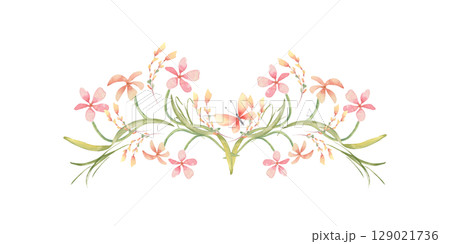 Spring floral horizontal watercolor element with pastel pink wildflowers and green stems isolated on white. Phlox or oxalis flowers in cottagecore style hand painted for seasonal design, wedding Spring floral horizontal watercolor element with pastel pink wildflowers and green stems isolated on white. Phlox or oxalis flowers in cottagecore style hand painted for seasonal design, wedding 129021736