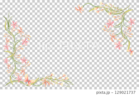 Spring tiny floral watercolor border with soft pink peach wildflowers and green leaves isolated on white. Phlox or oxalis flowers frame in cottagecore style hand painted for design wedding, kids card. 129021737