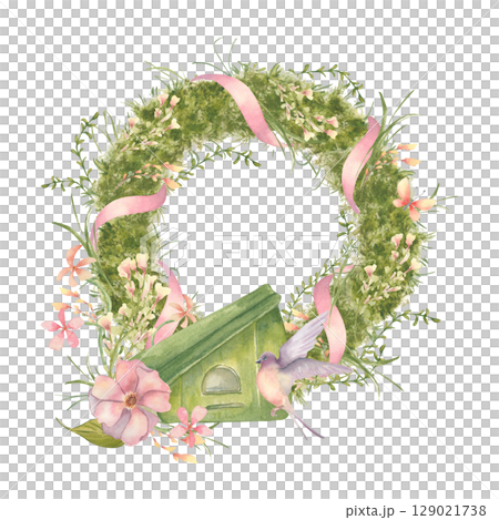 Delicate watercolor floral wreath with wild roses, flowers, and a rustic birdhouse isolated. Soft pink ribbons and spring greenery, bird swallow hand drawn. Moss wreath country style for design. 129021738