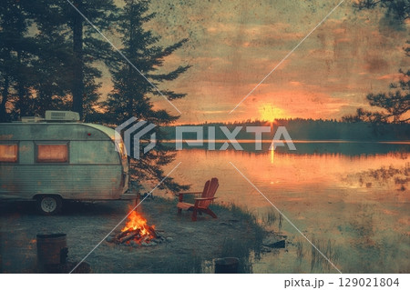 Vintage Lakeside Campsite With Cozy Campfire And Retro Camper At Sunset In Nostalgic Postcard Style. Evokes Warmth And Tranquil Outdoor Escape Vintage Lakeside Campsite With Cozy Campfire And Retro Camper At Sunset In Nostalgic Postcard Style. Evokes Warmth And Tranquil Outdoor Escape 129021804