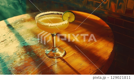 Margarita Cocktail With Lime On Rustic Wooden Table In Warm Vintage Postcard Style. Evokes Nostalgic Summer Evenings 129021811