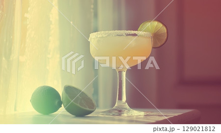 Refreshing Margarita Cocktail With Lime Garnish In Vintage Postcard Style. Evokes Nostalgic Summer Evenings 129021812