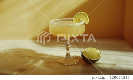 Margarita Cocktail With Lime Garnish In Sunlit Vintage Setting Evokes Nostalgic Summer Vibes. Retro Cocktail Hour Charm 129021813